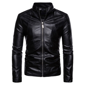 Chaqueta de Cuero para Hombre, Cuello Alto, Cierre de Cremallera, Corte Ajustado, Estilo Motero, Color Sólido, Manga Regular, Otoño - Product Image 1