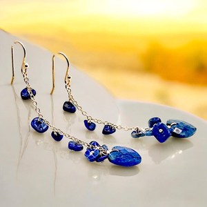 Boucles d'oreilles pendantes en lapis-lazuli bleu marine, argent sterling 925 plaqué or 14 carats, bijoux en pierres précieuses, cadeau pour femme - Product Image 2