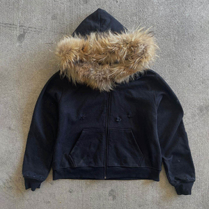 High Quality <b>Fur</b> Hooded Zip Up Hoodie Custom Distressed <b>Fur</b> <b>Trim</b> Heavy Cotton Fleece Oversized Streetwear Men Hoodie - Product Image 2