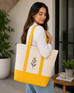 AMANI Two Tone Canvas <b>Medium</b> Tote Bag Zipper Shoulder <b>Handbag</b> Embroidered Flower Shopper for Beach Travel Gift - Product Image 6