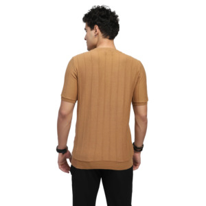 Men's O-Neck Short Sleeve Knitted T-Shirt Regular Fit Heavyweight Solid Color Casual Wear <b>Brown</b> T-Shirt - Product Image 4