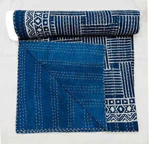 Traditional Chinese Cotton Kantha <b>Quilt</b> Blue Floral Eco-Friendly Hand-Stitched Wedding Hotel Bedspread Home Decor <b>Throw</b> Cover - Product Image 2