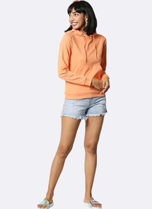Sudadera con Capucha Naranja para Mujer, Manga Larga, Color Sólido, Informal, de Punto, de Algodón, con Bolsillos, para Verano - Product Image 3