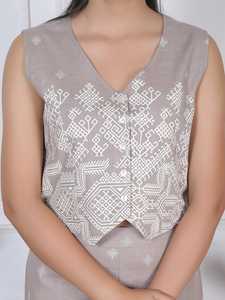 Ensemble coordonné beige pour femme, imprimé géométrique, haut sans manches et pantalon palazzo à jambes larges, tenue élégante - Product Image 5