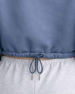 Sudadera con capucha corta de forro polar azul polvoriento con cremallera de un cuarto, bolsillo canguro, dobladillo con cordón ajustable, estilo casual urbano, cálida, para mujer - Product Image 5