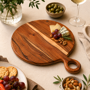 Grande planche à découper ronde en bois avec poignée |   Planche à découper et à servir en bois artisanale |   Plateau de pizza, fromages et charcuterie - Product Image 6