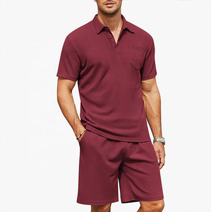 ชุดเซ็ตเสื้อโปโลแขนสั้นผ้าวาฟเฟิลและกางเกงขาสั้น 2 ชิ้น สำหรับผู้ชาย ชุดลำลองฤดูร้อน ชุดกีฬา มีกระเป๋า ระบายอากาศ แห้งเร็ว ผลิตจากโพลีเอสเตอร์/คอตตอน ไซส์พลัส - Product Image 3