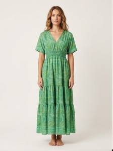 Green Floral Print V-Neck Maxi <b>Dress</b> With Elastic Waist And Ruffles <b>Boho</b> Loose Chiffon <b>Summer</b> Casual <b>Dress</b> - Product Image 3