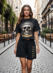 Conjunto de Dos Piezas Unisex Estilo Urbano, Camiseta Negra de Algodón con Estampado de Calavera y Pantalones Cortos con Logotipo MHR, Atuendo Casual de Verano - Product Image 5