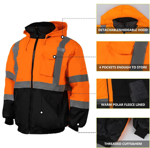 Men's High Visibility Work <b>Jacket</b> Orange Black Reflective Stripes Windproof <b>Fleece</b> <b>Lined</b> Zipper Closure Pockets Winter Wear - Product Image 5