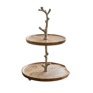 Eco-Friendly Natural Acacia Wood 2-Tier Cake Stand With Metal Branch Handle Handcrafted Round <b>Dessert</b> & Cupcake Display Stand - Product Image 1