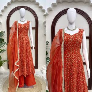 Latest Ethnic Wear Gown with Palazzo and Dupatta Soft Micro Cotton Lining Thread <b>Sequins</b> Embroidery Wedding <b>Party</b> Wear Dress - Product Image 6