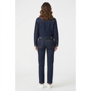 <b>Women</b> <b>Dark</b> <b>Blue</b> Denim Jacket And <b>Jeans</b> Set Cropped Button Front Jacket Straight Leg <b>Jeans</b> Two Piece Casual Outfit - Product Image 2