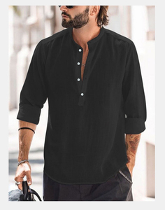 Camisa Henley de Lino y Algodón para Hombre con Logotipo Personalizado, Manga Larga, Cuello Mao, Corte Holgado Informal, Color Sólido - Product Image 6