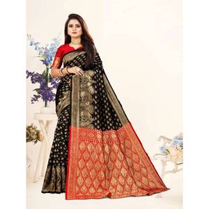 ROPA DE BODA BANARASI SEDA JACQUARD TRABAJO SAREE CON BLUSA DESCOSADA NEGRO - Product Image 1