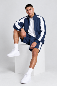 <b>Men's</b> Navy Blue White Color Block Windbreaker <b>Jacket</b> Matching <b>Short</b> Set Lightweight Sportswear Tracksuit <b>Men</b> Casual Outdoor Set - Product Image 5