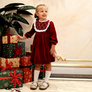 Mini robe trapèze décontractée en velours pour filles broderie perlée col en O 100% coton ODM OEM vente en gros de robe smockée modèle pour enfants - Product Image 1