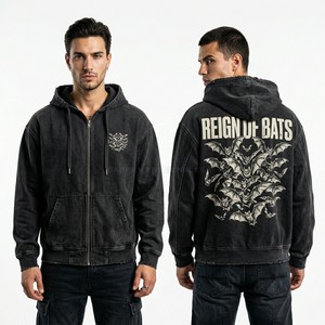 Custom <b>Navy</b> Blue Vintage Wash Hoodie Men Nocturnal Architecture Graphic Oversized Streetwear Heavy Cotton French Terry Hoody - Product Image 5