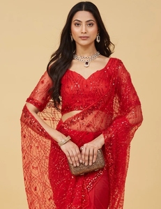 KV Embroidered Bollywood Net <b>Saree</b> (<b>Red</b>) - Product Image 6