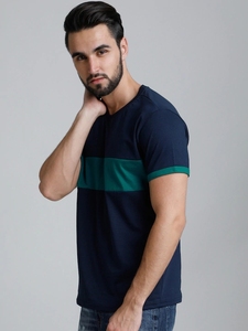 Camiseta Casual de Manga Corta para Hombre, Color Azul Marino y Verde, Sin Cuello, Tejida, Doble Botonadura, 100% Algodón, Transpirable, para Verano - Product Image 2
