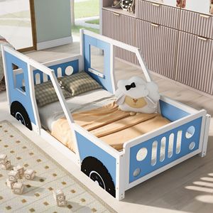 Letto a piattaforma a forma di auto d'epoca, singolo, con ruote, blu - Letti per bambini - Product Image 1