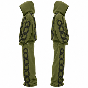 Ensemble sweat à capuche et pantalon unisexe en molleton vert olive 100 % coton, coupe oversize, style streetwear décontracté - Product Image 6