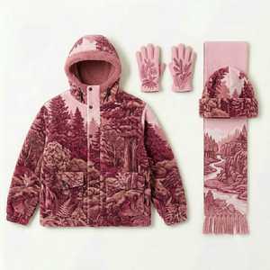 Veste à capuche imprimée forêt rose avec gants, écharpe et bonnet assortis, ensemble coupe-vent en velours, vêtements d'hiver décontractés - Product Image 1