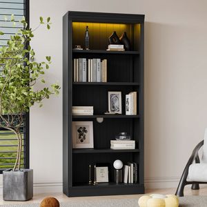 83.4\" Tall Free-standing Black Wood Bookcase 5-Tier Adjustable <b>Shelves</b> Light Strip Storage <b>Organizer</b> for CDs/<b>Books</b>/Movies for - Product Image 1
