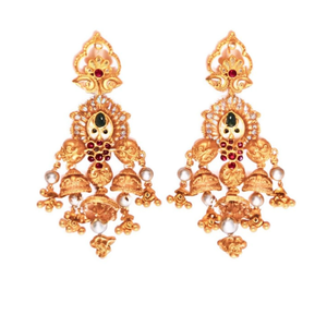 Chandbali Jhumka Chandelier Earrings-Vintage Gold Plated Oxidized Polish Regular Length Tassel Design Jade Pearl Diamond - Product Image 2