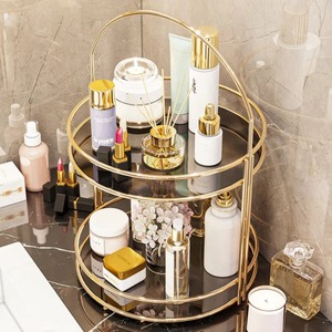 Organizador de Cosméticos Redondo Moderno con Marco Dorado y Estantes de Vidrio para Baño - Product Image 2