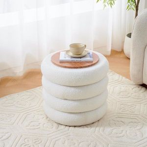 Modern Round Sherpa Footstool Teddy Vanity Stool <b>with</b> Flip Top Tray Upholstered Makeup <b>Chair</b> for Home Decor <b>Storage</b> Ottoman - Product Image 2