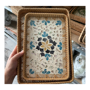 Elegant Mother Of Pearl Inlaid Rattan <b>Tray</b> Handmade Eco Friendly Home Organizer And Decorative <b>Serving</b> Basket - Product Image 5
