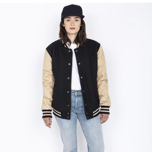 New Letterman Women's Varsity <b>Jacket</b> Black Beige Contrast Color Full Sleeve Turn-down Collar Autumn Wear - Product Image 3