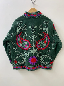 Suzani แจ็กเก็ตกันลมลายดอกไม้กำมะหยี่สีเขียวผ้าคอตตอนเสื้อแจ็คเก็ตหนังปลาของขวัญสำหรับเธอปัก - Product Image 3