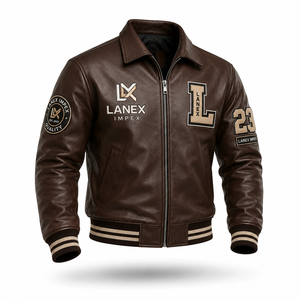 Custom Brown Leather Varsity <b>Jacket</b> for <b>Men</b> Premium Letterman Bomber <b>Jacket</b> with Embroidered Patches OEM ODM Wholesale Factory - Product Image 1