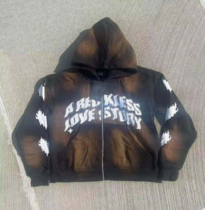 Custom Oversized Full Zip Hoodie 100% Cotton Heavyweight Fleece Puff Print Flame Graphic Streetwear Zip Up Hoodies for Men Women - Product Image 3