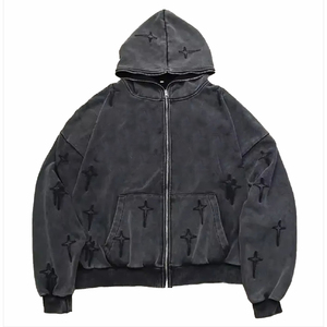 Streetwear Men Distressed Hoodie Oversized Washed Raw Edge Pullover Hip Hop High Street Heavyweight Velvet Hooded Sweater - Product Image 6