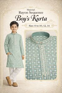 <b>Boys</b> Rayon Sequence <b>Kurta</b> Pajama Set Teal Green Ethnic Festive Wedding Wear Kids Indian Clothing 0-14 Years Wholesale - Product Image 2