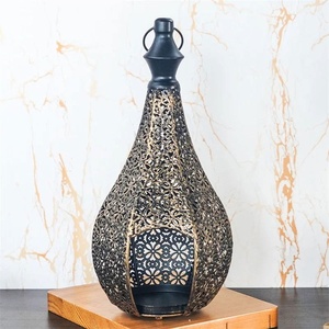 Moroccan Tear Drop Metal <b>Lanterns</b> Set Of 3 Intricate Cutout Design In Gold Copper & <b>Black</b> Finish For Exotic Home Decoration - Product Image 4