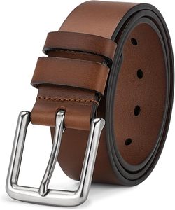 Ceinture en cuir de vachette marron avec boucle rectangulaire argentée, design formel et durable - Product Image 1