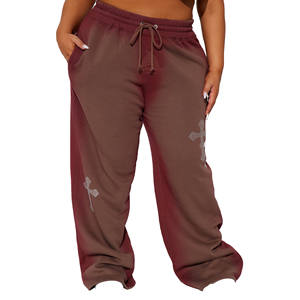 Pantalones de chándal personalizados con pedrería efecto desgastado para mujer, de algodón 100% de alto gramaje, cintura elástica, holgados, 380 g/m², de pierna ancha - Product Image 3