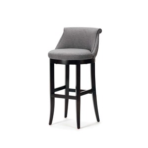 Chaise de bar moderne et durable avec accoudoirs fixes, siège et dossier en tissu gris, structure en bois massif, base en acier inoxydable pour utilisation à domicile ou au bar - Product Image 2