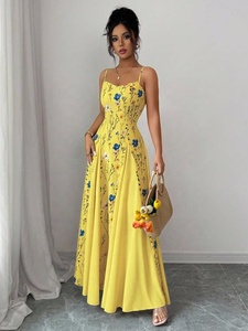Radiant Yellow Floral Midi Dress for Women with Elegant Fit and Flare Silhouette <b>Spaghetti</b> Straps and Delicate Botanical Print - Product Image 2