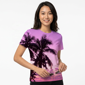 Camiseta de Manga Corta para Hombre, Color Morado, con Estampado de Palmeras y Atardecer, Cuello Redondo, Tejido de Punto, Corte Regular - Product Image 6