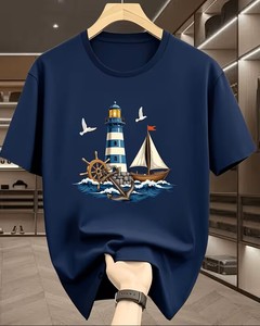 Camiseta para Hombre Ecológica 100% Algodón con Diseño Náutico de Faro, Ancla y Olas, Cuello Redondo, Manga Corta, Corte Regular - Product Image 5