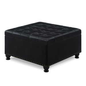 Pouf de rangement carré élégant avec pieds en bois, revêtement capitonné, finition noire - Product Image 2