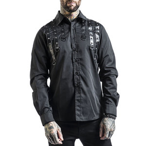 <b>Men's</b> Gothic Industrial Black Cotton Long Sleeve Shirt with Faux Leather <b>Studded</b> Appliques and Metal D-Rings Punk Rock - Product Image 3