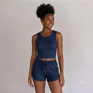 Conjunto de Dos Piezas Personalizable para Mujer, Camiseta sin Mangas a Rayas y Pantalones Cortos, Corte Regular, Mezcla de Algodón, Estilo Casual para Playa, Verano y Uso Diario - Product Image 1