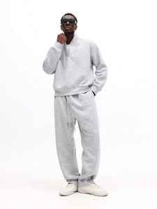 Light Grey 440gsm Quarter-<b>Zip</b> <b>Hooded</b> Fleece Vintage Tracksuit Set Relaxed Sweatshirt Drawstring Sweatpants Premium Streetwear - Product Image 1
