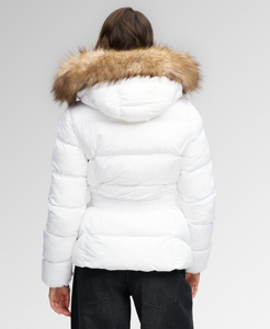 Veste matelassée blanche pour femme avec capuche à bordure en fourrure, fermeture éclair sur toute la longueur des manches, taille ajustable, manteau d'hiver - Product Image 6